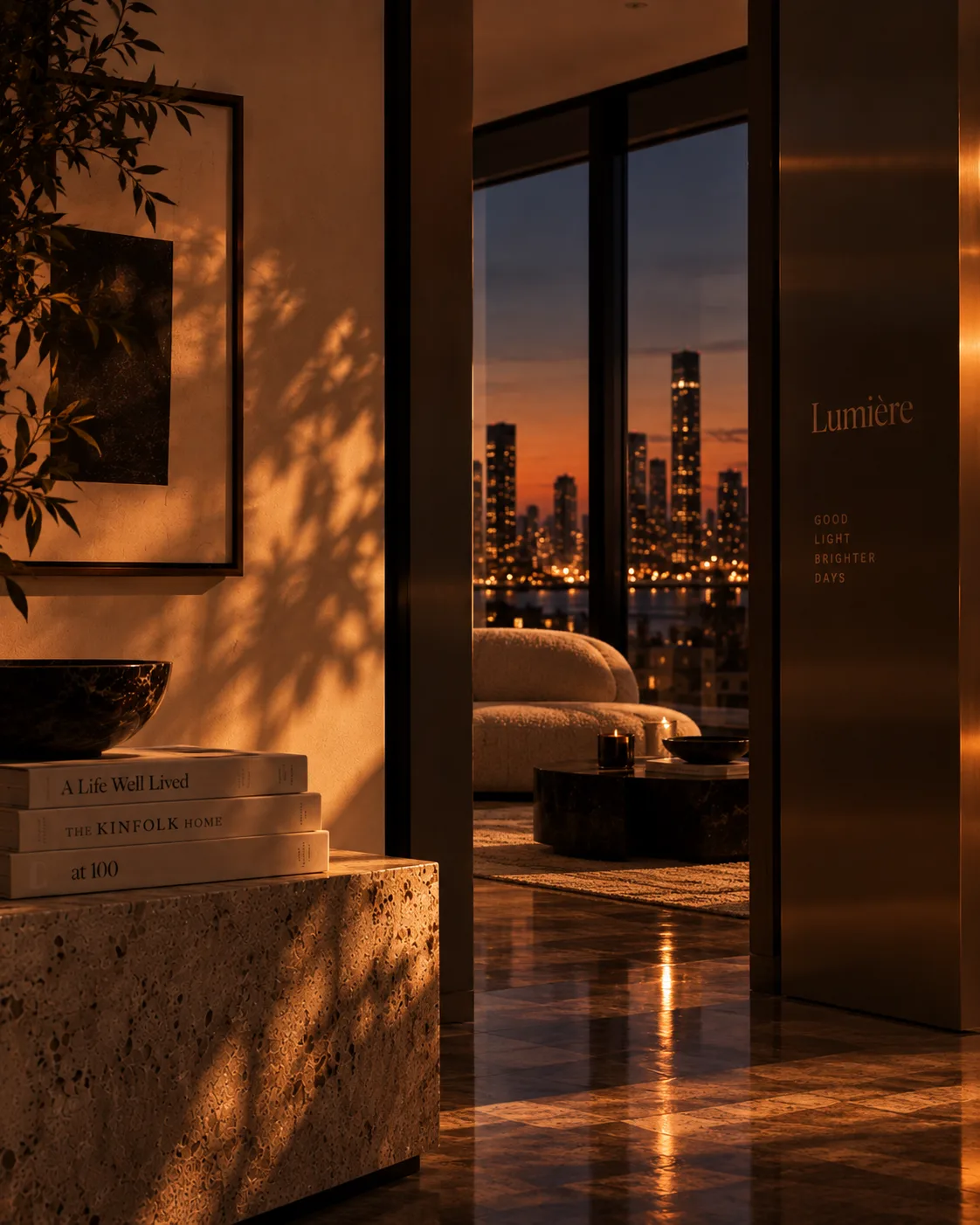 Late sunlight crossing a calm interior hallway