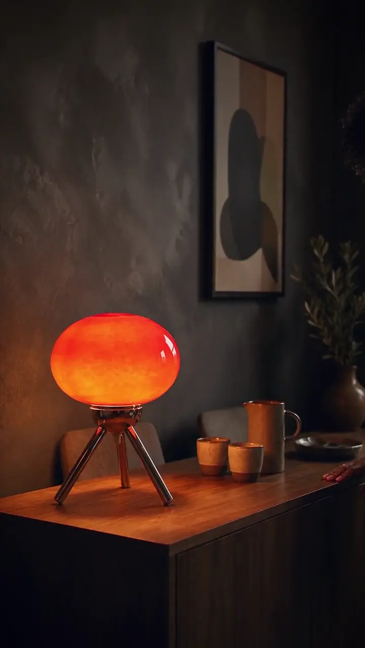 A lamp being switched on in an evening room